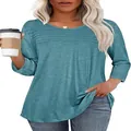 Detailansicht des lässigen Damen-T-Shirts mit Falten, Rundhalsausschnitt und 3/4-Ärmeln - Cyan