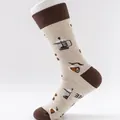 Casual men's crew socks with coffee pot pattern and brown trim detail - EU 41-46 / Beige French Press Style (COFFEE)