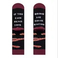 Novelty black and red mid-calf cotton socks with funny Bring Me Some Bacon text - EU 41-46 / Black Red Bacon Letter Style