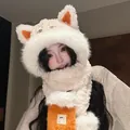 Cute winter plush integrated hat and scarf set for women featuring fox ears and warm lining - One Size / Off White