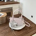 Stylish pink polka dot barrel handbag with silver star and horse charms for trendy women - With Pendant / Pink