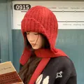 Gemütliche rote gestrickte Fliegermütze mit Ohrenklappen und passendem Schal für Damen im Herbst - 56-59cm (Elastisch) / Rot