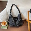 Vintage washed black denim 2-way shoulder bag and backpack for casual daily commute - Black