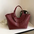 Large capacity woven faux leather tote shoulder bag in deep burgundy wine red finish - Large Capacity Tote Bag / Red
