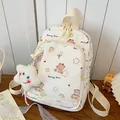Cute cream canvas backpack with bear print and star plush charm for students - Cream White Bear (With Pendant)