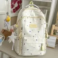 Fresh Korean style cream backpack with navy maple leaf print and cute star pendants - With Pendant / Yellow