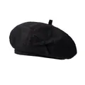 Boina retro negra de estilo japonés con tela texturizada y detalle de lazo delicado - 56-58cm / Negro