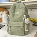 Sage green heart-patterned casual backpack with large capacity and cute heart charm - Green