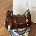Brown crocodile pattern hobo bag with silver chain strap and colorful bead charm decoration - With Charm / Brown