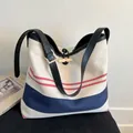 Minimalist striped canvas tote bag with red and blue accents and leather straps - Off White