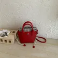 Sac seau élégant en cuir rouge style coréen avec doublure à rayures et cordon - Mini / Rouge