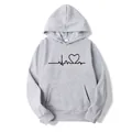 Grey fleece-lined hoodie featuring a minimalist black heartbeat and heart print - S / Tops / Gray