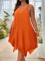 Détail d'une robe orange grande taille sans manches avec ourlet irrégulier - XL / Robe (JX4088) / Rouge Orangé