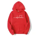 Detailed view of red fleece hoodie featuring a white heartbeat and heart graphic print - S / Tops / Red