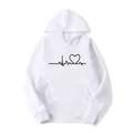 Close-up of white fleece hoodie featuring a black heartbeat heart print on the chest - S / Tops / White