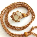 Hand-woven net pocket necklace with natural crystal stone pendant and wooden beads - Citrine / Brown