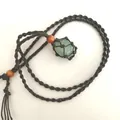 Hand-woven black mesh necklace with green natural crystal stone pendant and wood beads - Green Aventurine / Black
