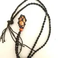 Handmade woven mesh necklace featuring a polished natural orange crystal stone pendant - Topaz / Black