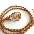 Natural raw crystal stone pendant with hand-woven adjustable brown mesh net necklace - White Crystal / Brown