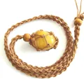 Natural yellow crystal stone pendant with hand-woven brown macrame net necklace - Topaz / Brown