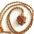 Handmade woven net necklace with natural red raw stone pendant and wooden beads decoration. - Red Jasper / Brown
