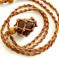 Handmade woven net necklace with polished dark red natural stone pendant. - Bloodstone / Brown