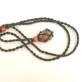 Handmade woven net necklace with red and green natural stone pendant in black cord - Unakite / Black