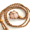 Natural polished rose quartz stone pendant in a hand-woven brown mesh net cord necklace - Rose Quartz / Brown