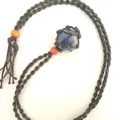 Natural blue stone pendant necklace with hand-woven mesh pouch and adjustable rope - Blue Sodalite / Black