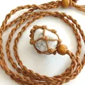Handmade woven net necklace with natural white stone pendant and adjustable cord - White Turquoise / Brown