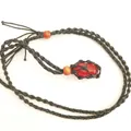 Hand-woven net pocket necklace with adjustable cord and polished red stone pendant - Watermelon red / Black