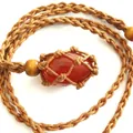 Handmade woven necklace featuring a carnelian stone pendant in a protective net bag. - Watermelon red / Brown