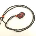 Handmade adjustable woven net necklace featuring a natural red stone pendant stone - Bloodstone / Black