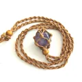 Hand-woven brown macrame net necklace with large purple amethyst crystal pendant - Amethyst / Brown