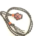 Handmade adjustable black woven mesh pouch necklace with natural red crystal stone pendant - Red Stripe / Black