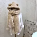 Detail view of a cozy beige plush teddy fleece hooded scarf featuring cute bear ear accents - Long Integrated Style / Left 125cm Right 73cm / Beige