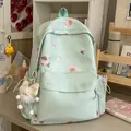 Detailed view of sweet mint green student backpack with cute bear prints and fluffy bow charm - With Charm Style / Green