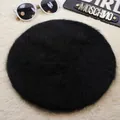 Elegant women's black winter beret crafted from soft and warm plush rabbit fur material - Approx. 54-58cm / Black