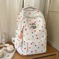 Cute white polka dot backpack with cat embroidery and plush bear keychain charm - White