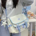 Japanese style cute blue and white crossbody messenger bag with clear pocket - With Charm / White Blue Chain Print