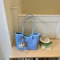 Casual blue denim texture large capacity tote bag featuring a cute bear plush charm - With Charm / Blue