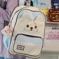 Detailed view of the cute cat themed blue and cream backpack for girls with ears - Blue