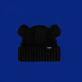 Close-up detail of a black knitted beanie with cute animal ears on blue background - 48-58cm / Black