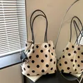 Retro French style cream tote bag with black polka dots and shoulder straps - Black Strap Tote Bag (With Black Pouch) / Black
