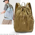 Outdoor lightweight drawstring backpack with mesh pocket in light blue and khaki colors - Brown