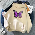Detailed view of a beige loose hooded sweatshirt with creative butterfly floral print. - Apricot