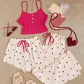 Ensemble de nuit 3 pièces avec caraco et pantalon à imprimé cœurs - S / Haut Et Bas / Rose