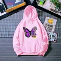 Pink fleece-lined hoodie for women featuring a unique butterfly and floral graphic print. - S / Tops / Pink
