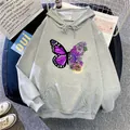 Close-up of oversized grey hoodie with purple butterfly floral graphic and kangaroo pocket. - S / Tops / Light Gray