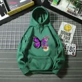 Full view detail of green hoodie showing the intricate butterfly and floral graphic print - Dark Green